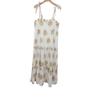 Madison Mathews Tiered Floral Maxi Dress Womens Large Beige Side Slits Bohemian